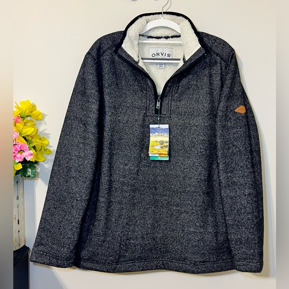 New Orvis Sherpa Pullover Men’s XL Black Gray Fleece Heather Handwarmer Pockets